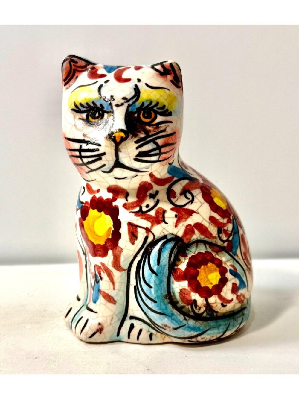 Italian Artist Signed G. Licata Sciacca Handmade Crackled Cat Statue Vintage